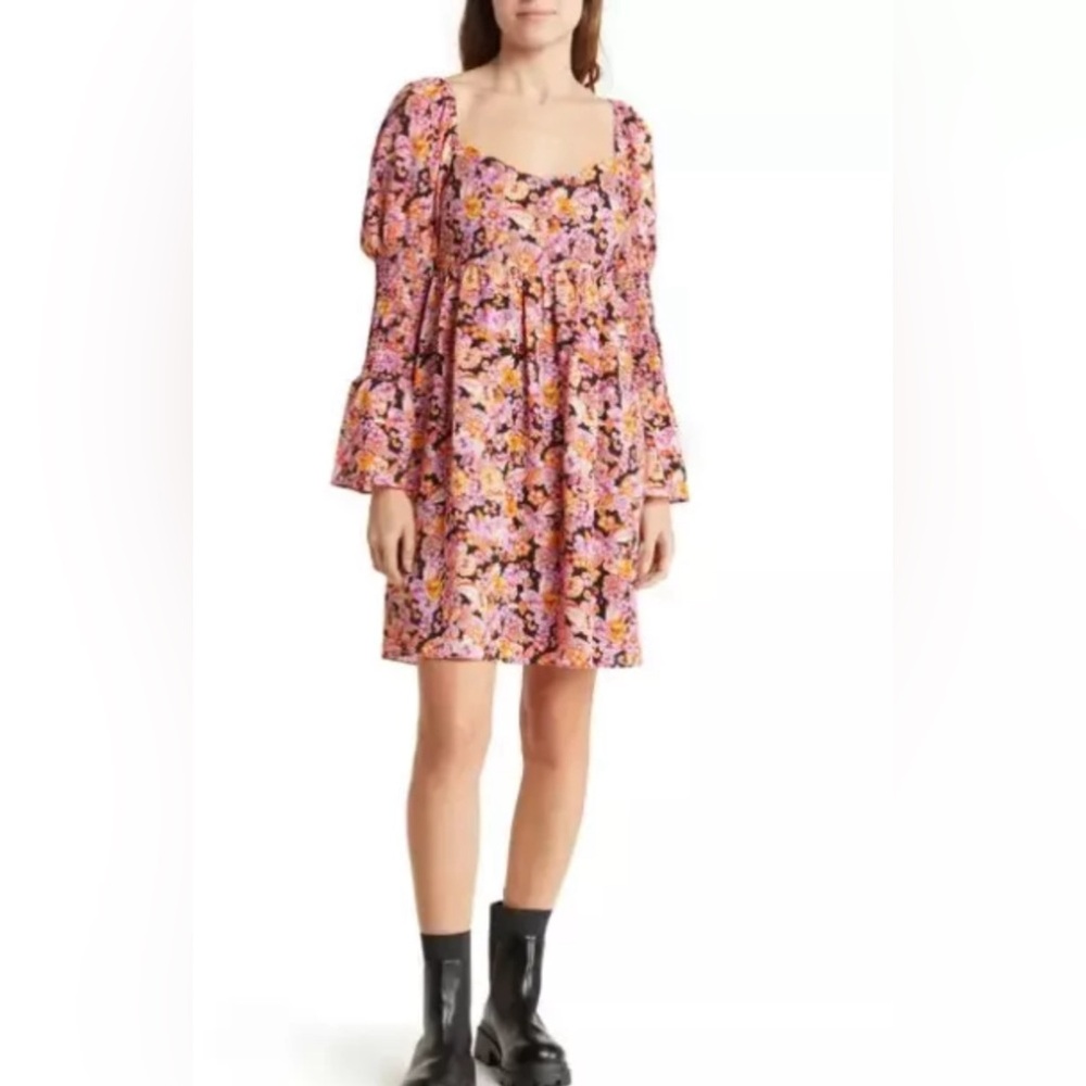 BCBG Generation Long Sleeve Babydoll Dress Multi Color Retro Size 8